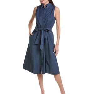 Sleeveless Denim Button-Front Tie-Waist Midi Dress - Blue